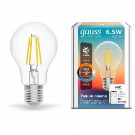 Лампа светодиодная диммируемая филаментная Gauss Smart Home Filament E27 6,5W 2000-6500K прозрачная 1220112 