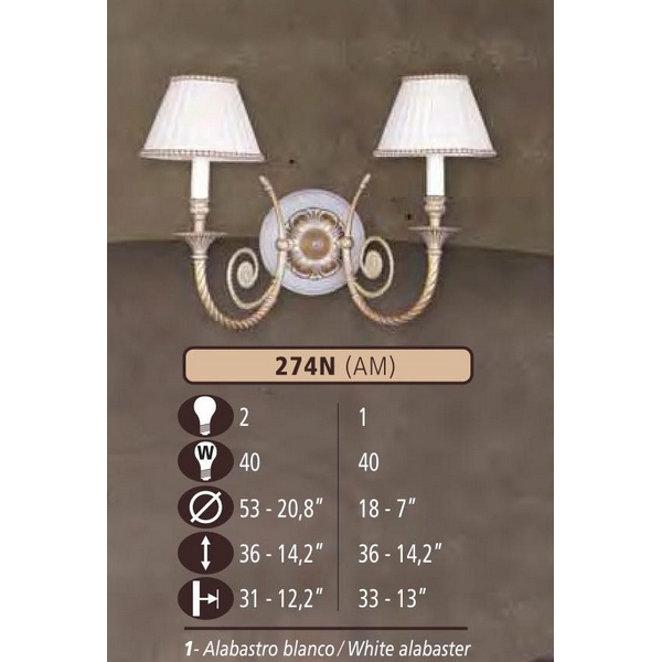 Riperlamp Бра 274N 274N/2 AM WHITE ALABASTER - CREAM SHADE 