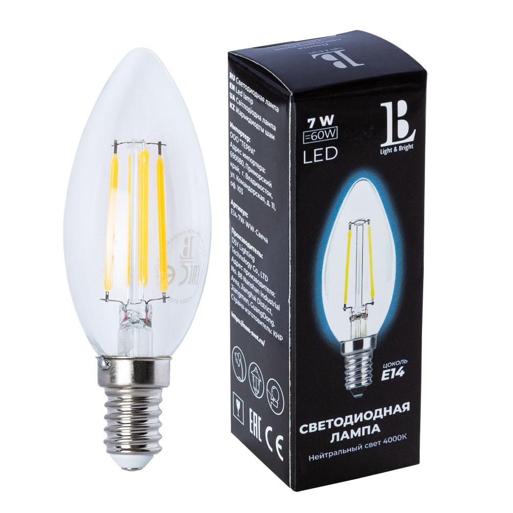 Лампочка светодиодная филаментная  E14-7W-NH-candle filament_lb 