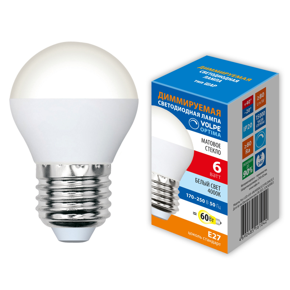 Volpe Лампочка светодиодная OPTIMA DIM LED-G45-6W/4000K/E27/FR/DIM/SLS 