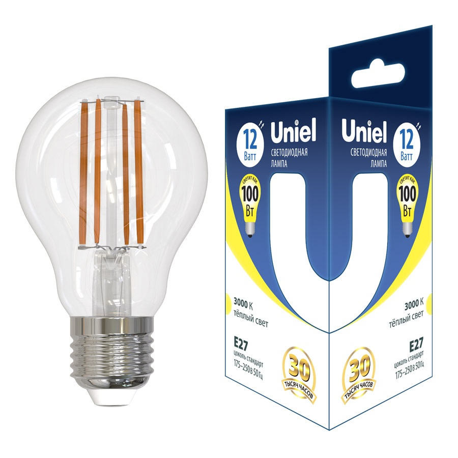 Uniel Лампочка светодиодная ACTION LED-A60-12W/3000K/E27/CL GLA03TR 