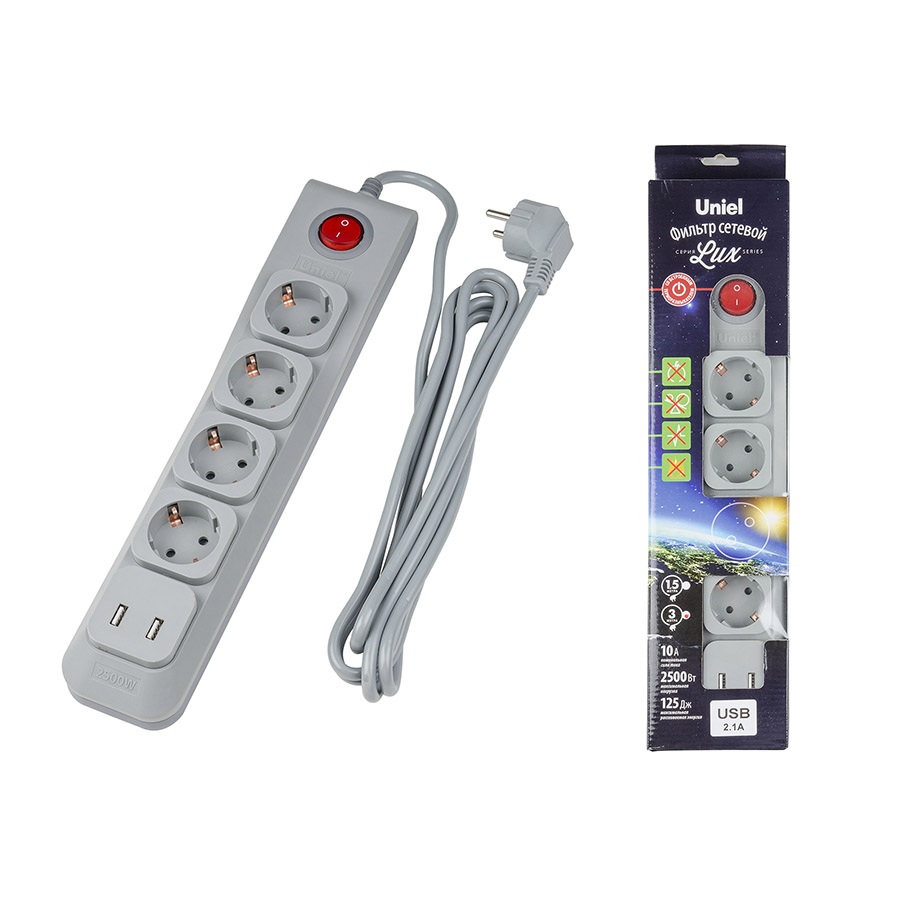 Uniel Розеточные блоки, удлинители Lux S-GSL5-3U GREY 