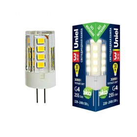Лампа светодиодная Uniel G4 3W 3000K прозрачная LED-JC-220/3W/3000K/G4/CL GLZ09TR UL-00006742 
